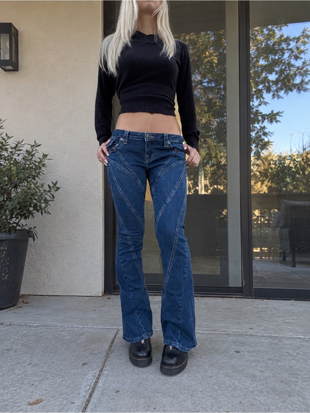 True Religion Dark Blue Flare Jeans with V-Seam Detailing